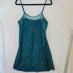 Vintage Deena Women's Med Green Jacquard Satin Nightgown Lace & Mesh Detail USA